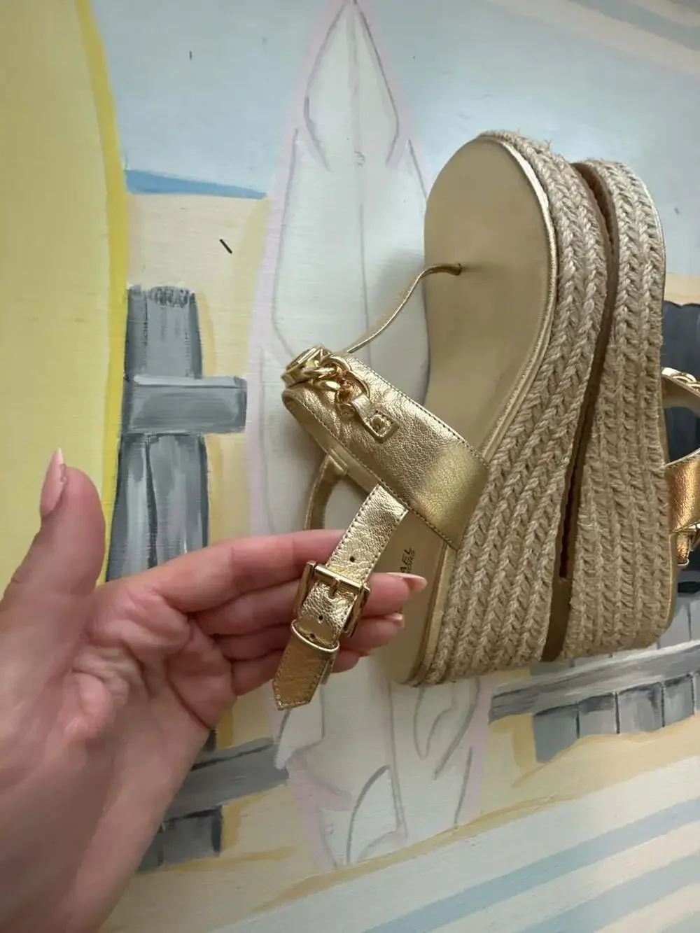 Michael Kors Roxane Metallic Gold T-Strap Espadrille Wedge Sandals